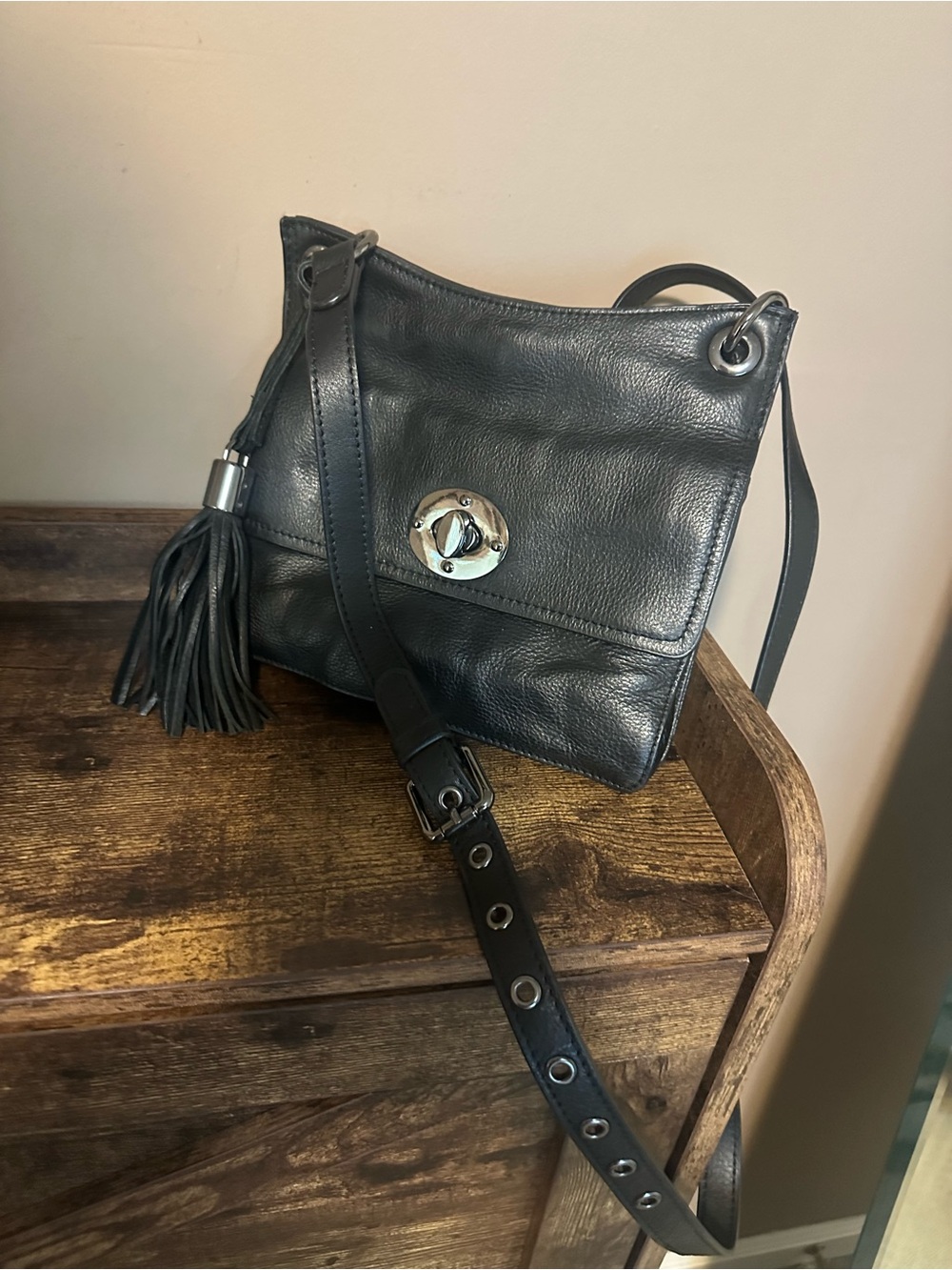 Leather Tassel Crossbody Bag in Black
